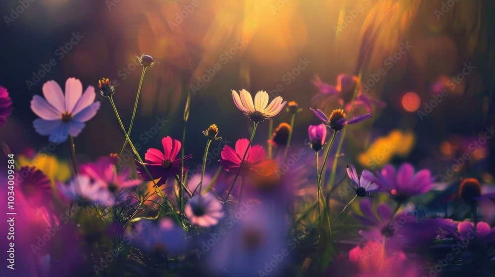 Poster vibrant field of colorful flowers blooms under warm sunset, creating serene and enchanting atmosphere. delicate petals in shades of pink, purple, and white dance gently in breeze, evoking sense of