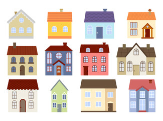 Houses of the suburbs residential area, low-rise buildings. Set of colorful vector illustration. Vector illustration for house icon, village, city element. Cute childish houses in a flat style.