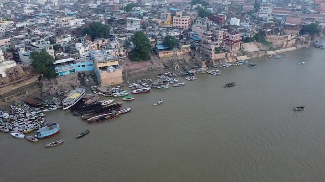  drone shot video clip of holy river ganga in the ghats of Varanasi in India