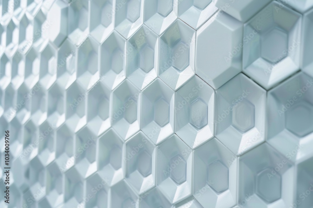 Poster A detailed view of a wall composed of interlocking white hexagons, suitable for use in minimalist designs and futuristic concepts