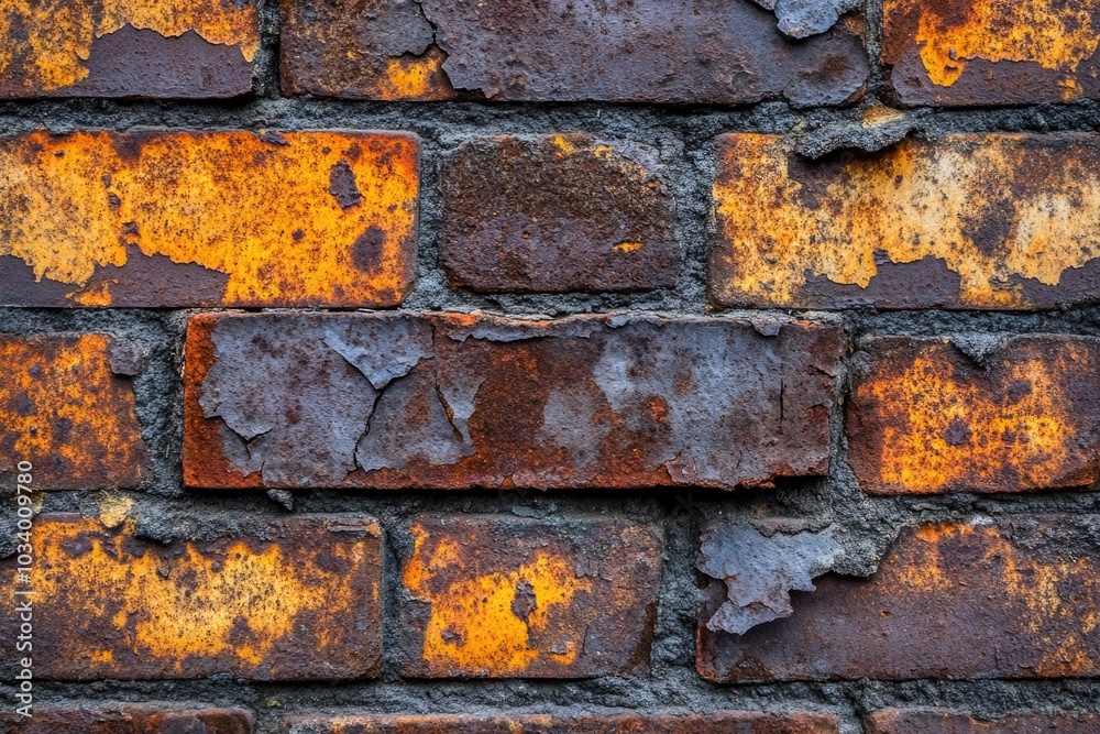 Poster a close-up shot of a brick wall with worn and peeling paint, suitable for use in scenes about decay 