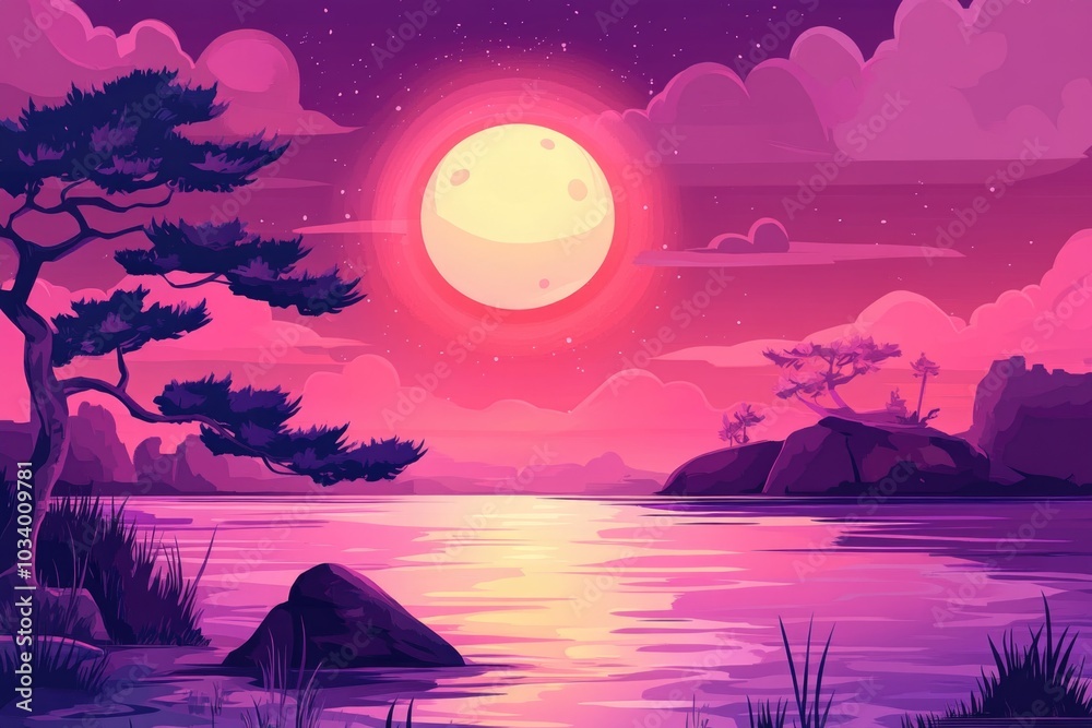 Poster sunset scenery with a calm lake and trees in the background, suitable for travel or nature-themed pr