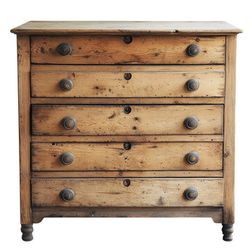 Rustic wooden dresser, vintage chest of drawers with metal knobs, distressed farmhouse storage furniture for interior design isolated PNG with Transparent Background