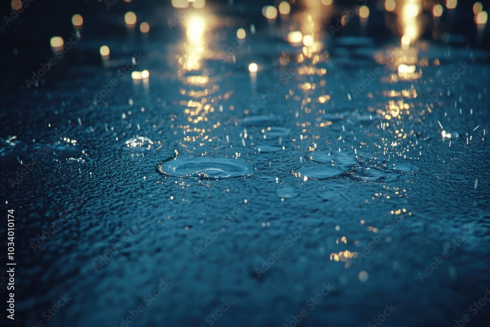 Poster a macro shot of water droplets on a wet surface, great for use in scientific or educational contexts
