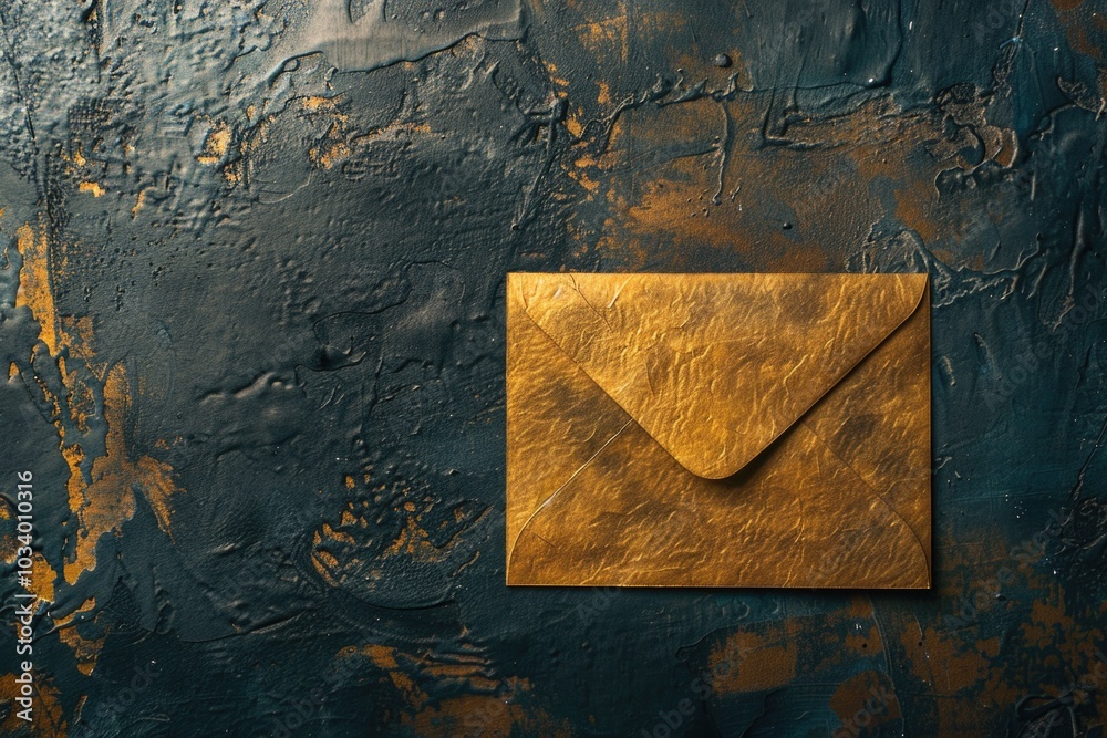 Poster a gold envelope sits atop a blue wall, perfect for use as a decorative element or in a business sett