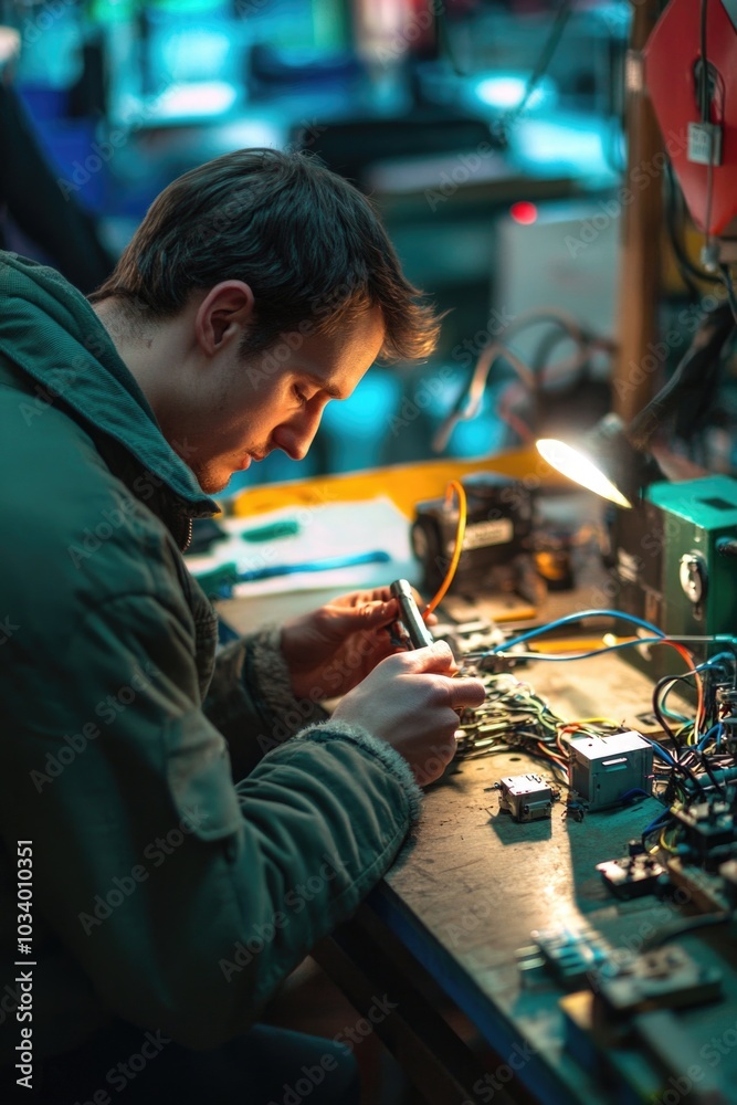 Poster A person repairing electronic devices in a workshop setting, ideal for use in tech-related projects or backgrounds