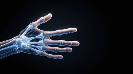 Digital ing of a human hand's skeletal anatomy, showcasing intricate bone structures against a dark background, symbolizing health science.