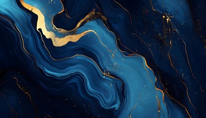 Blue marble and gold abstract background texture. Indigo ocean blue marbling with natural luxury style swirls of marble and gold powder 