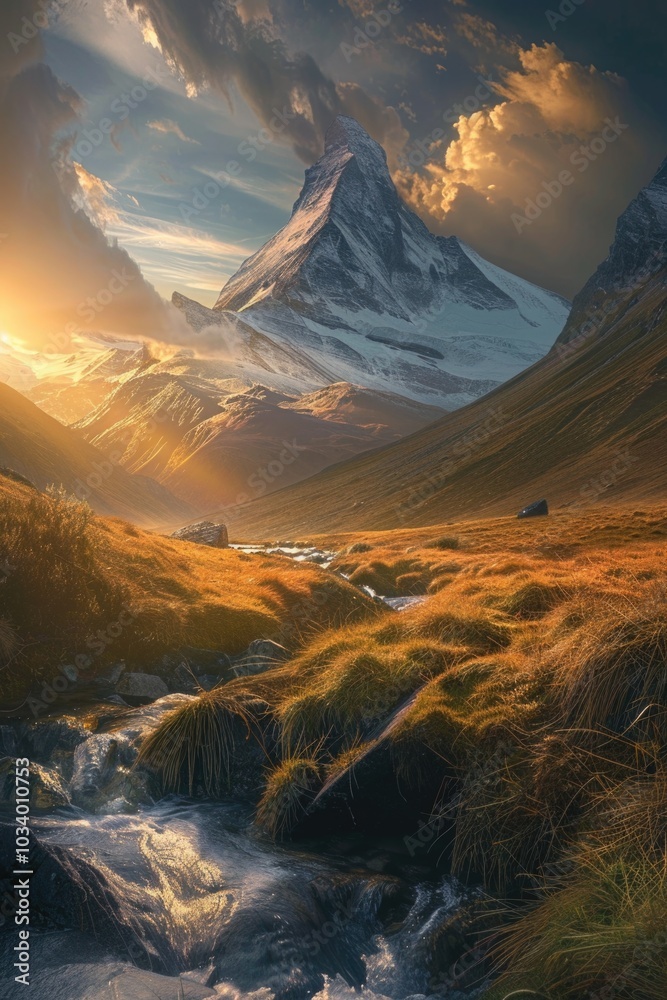 Poster A scenic view of a mountain in the distance with a peaceful stream running through the foreground