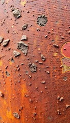 Close-up of rusty metal, featuring various shades of brown and orange, highlighting texture and...