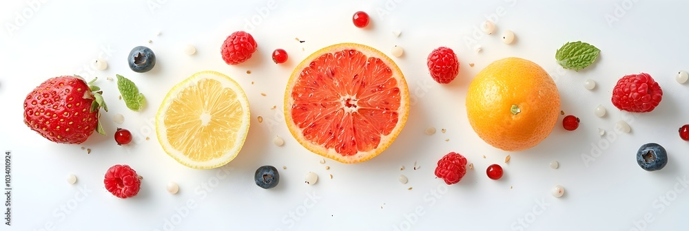 Poster assortment of luscious citrus and berry fruit slices scattered on a transparent glass surface in a m