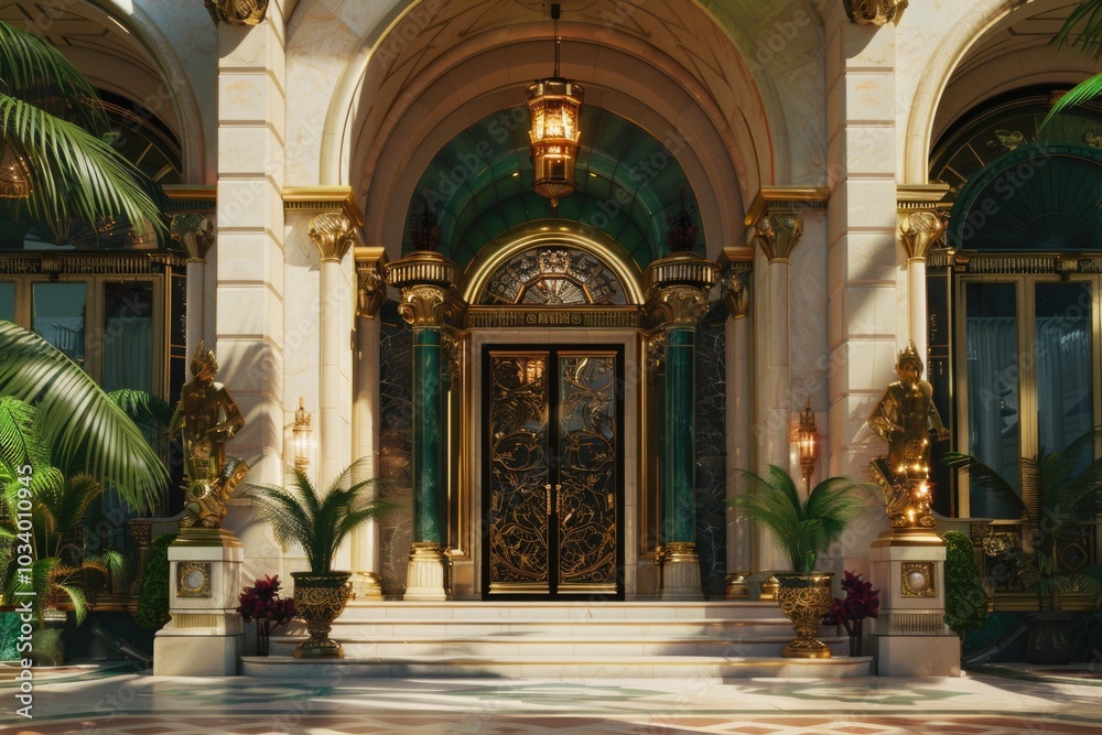 Poster a large building with a big door, suitable for architecture or cityscape images