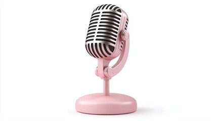 Fototapeta premium Retrostyle pink microphone with a silver grill on a white background 