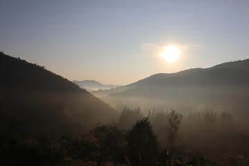 A serene dawn capturing the tranquility of nature's embrace in the valleys