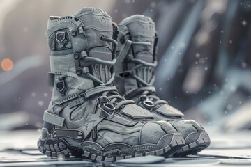 A pair of boots resting on snow-covered terrain, suitable for winter scenes or outdoor adventures