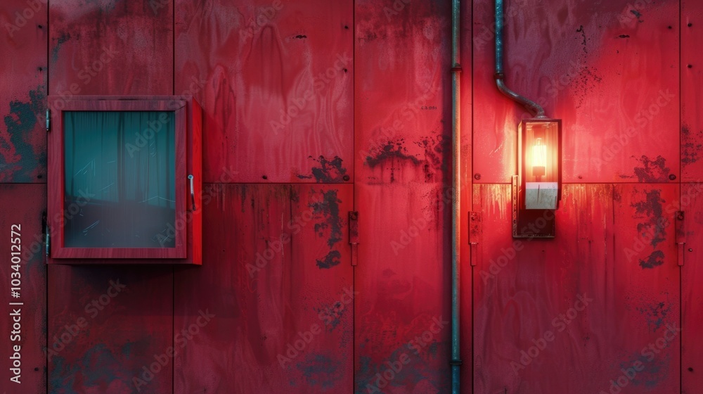 Poster a red wall with a window and a light shining through