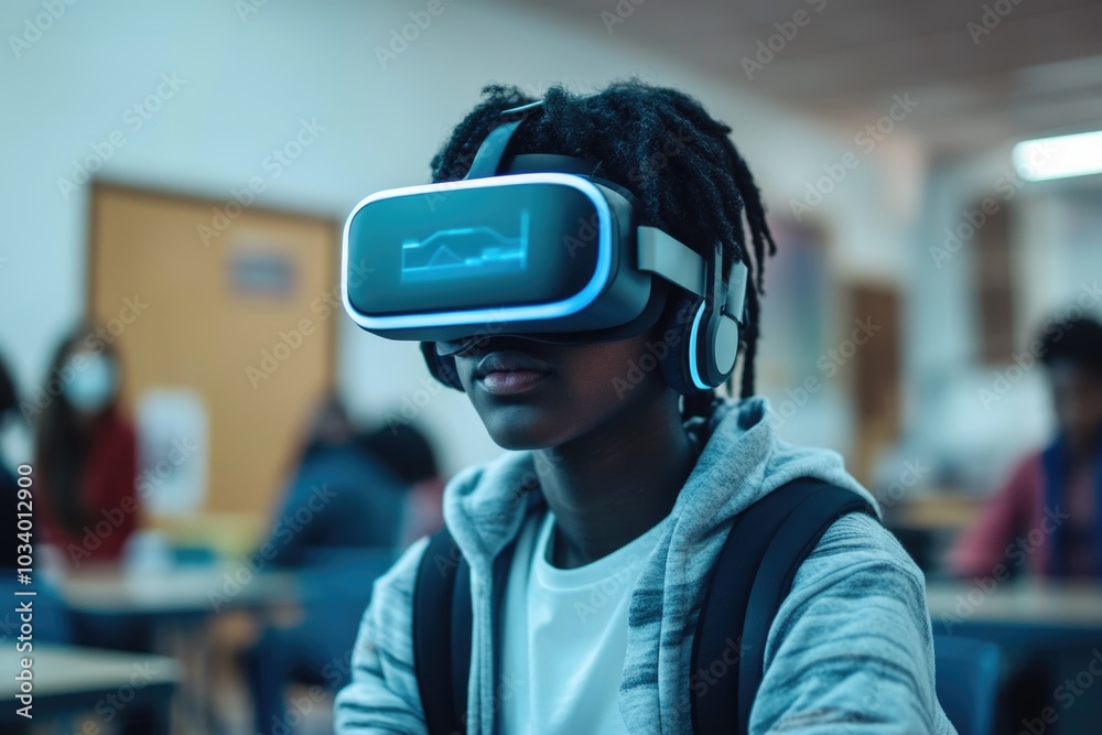 Poster A student is learning with virtual reality technology in a school setting