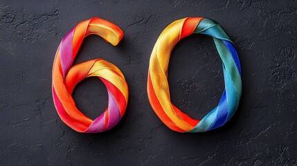 Photograph of the number 6 created from colorful and vibrant ribbons giving a festive and decorative appearance isolated on a plain background for use in other holiday events