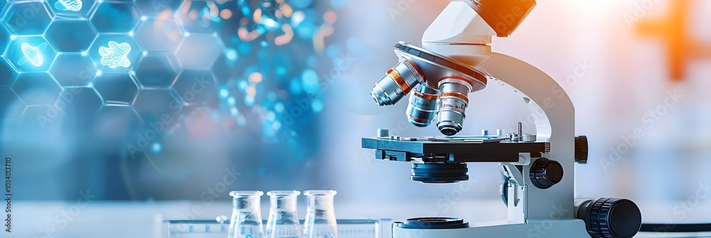 Poster close up detailed view of multiple glass and components of a scientific microscope representing the 