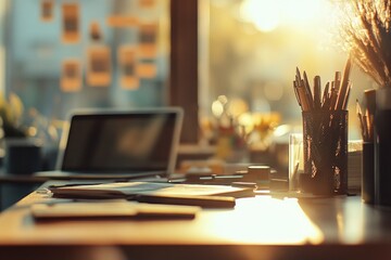 A laptop computer placed on a wooden desk, great for office or study settings