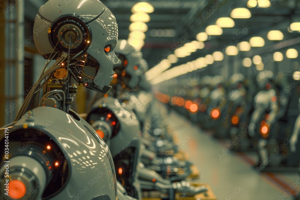 Poster a line of industrial robots in a manufacturing setting