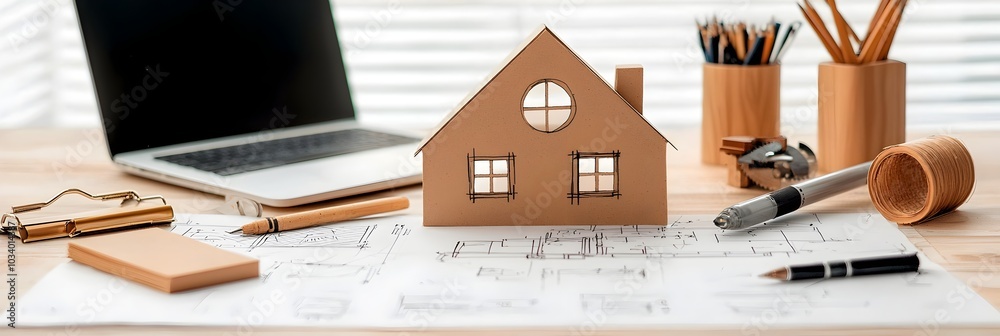Poster close up view of detailed home blueprint sketches and architectural plans spread out on a wooden des