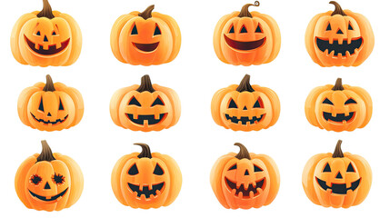 Halloween pumpkin collection featuring spooky jack-o'-lanterns in vibrant orange, perfect for autumn celebrations and seasonal decorations