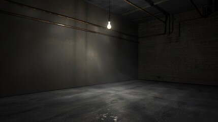 Dark empty room with single flickering light bulb casting long shadows, emphasizing absence of power and eerie atmosphere, minimalist setting with focus on light bulb's glow.
