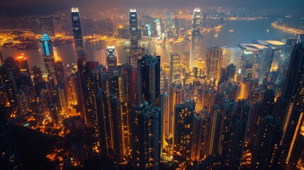Obraz premium Skyscrapers lit up with neon lights, seen from an aerial perspective, softly glowing against the dark sky, capturing the lively energy of the city.