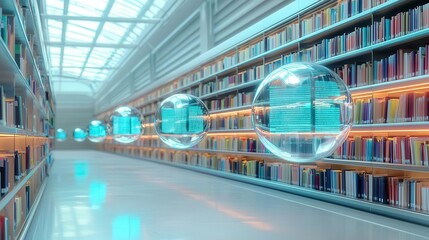 Futuristic library with glowing holographic orbs representing books, floating along glass shelves, each orb containing vast knowledge accessed by touch