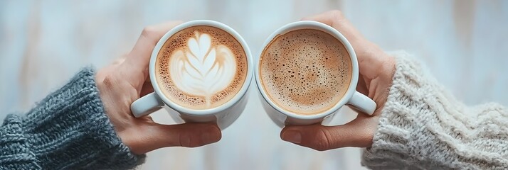 Close up view of two hands clinking ceramic coffee cups together symbolizing camaraderie among colleagues coworkers or friends in a social or professional setting