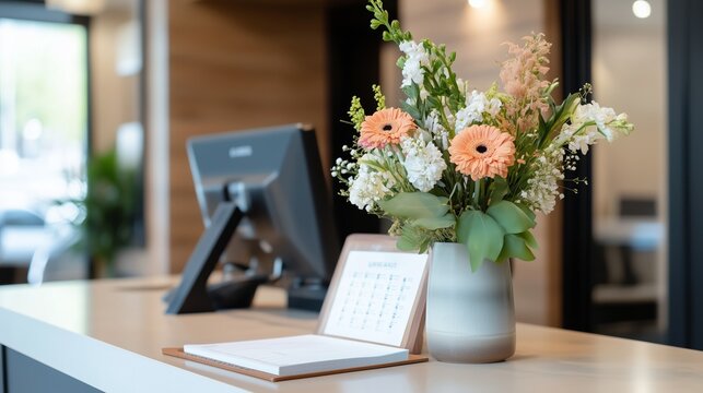 Elegant flower arrangement on a reception desk in a contemporary office environment during daytime hours