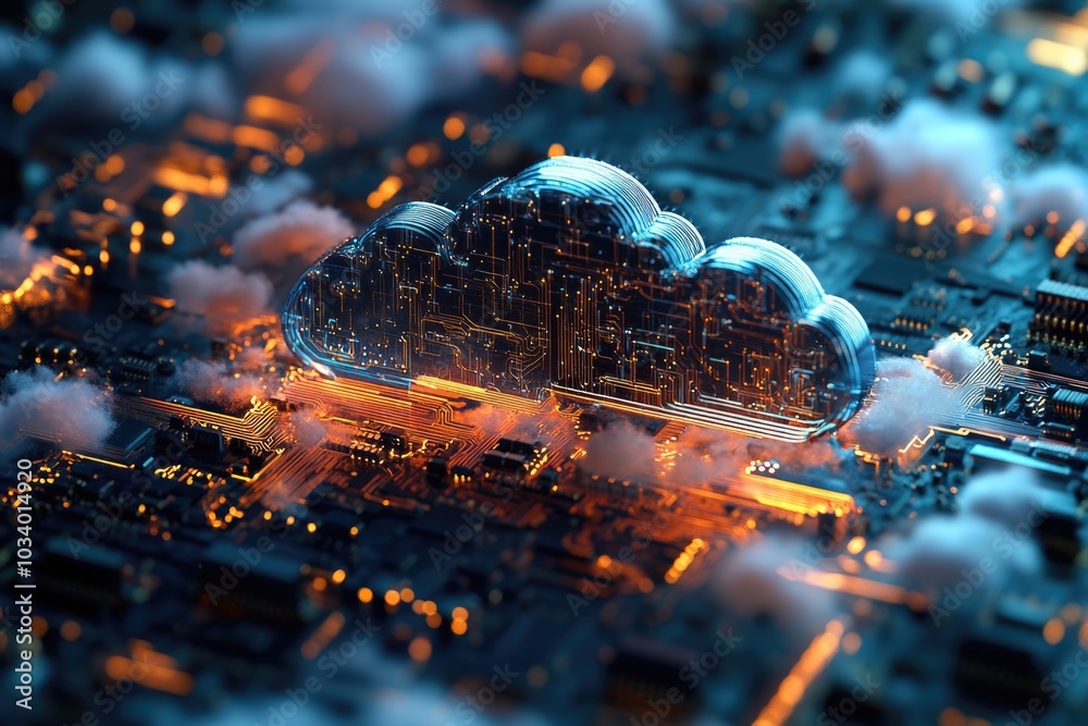 Poster A computer motherboard with a cloud hovering above it, providing connectivity and virtual storage