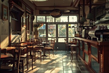 Fototapeta premium A sunny day at an outdoor cafe with tables and chairs