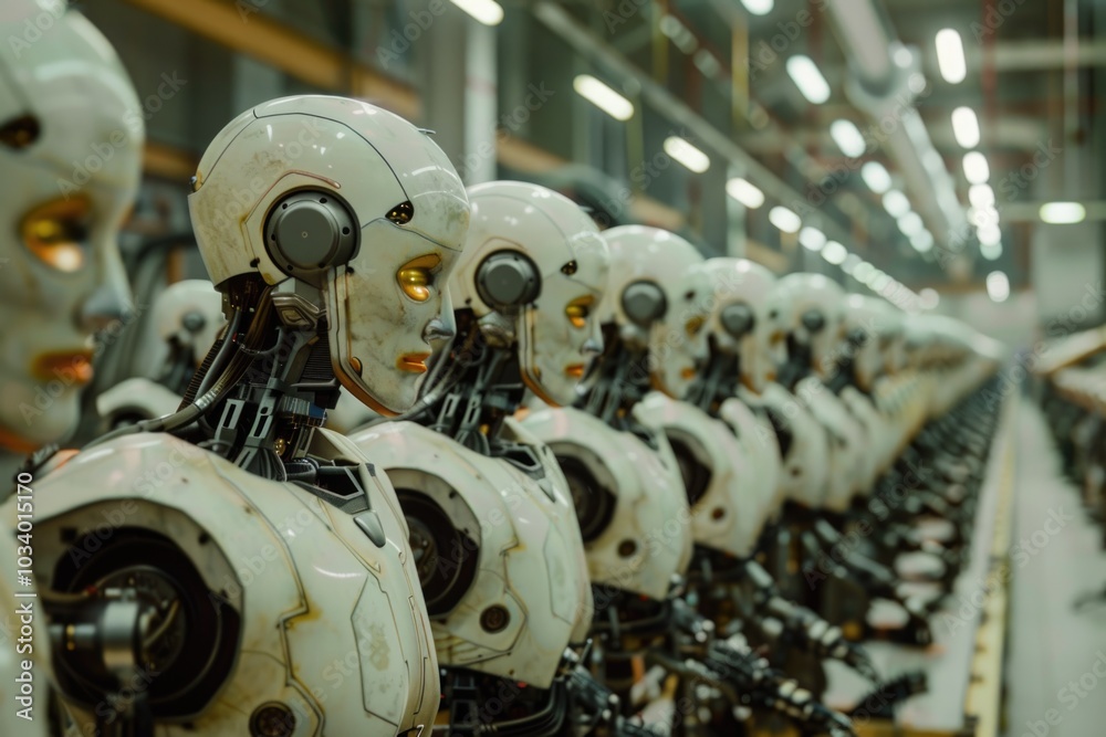 Aufkleber Row of robots working together on an assembly line in a modern factory