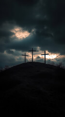 Obraz premium The Three Crosses on Calvary in a Cloudy Sky. Christianity and Jesus Christ simbolism.