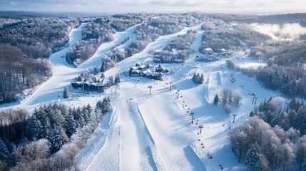 Aerial view of a ski resort with chairlifts and snow-covered slopes