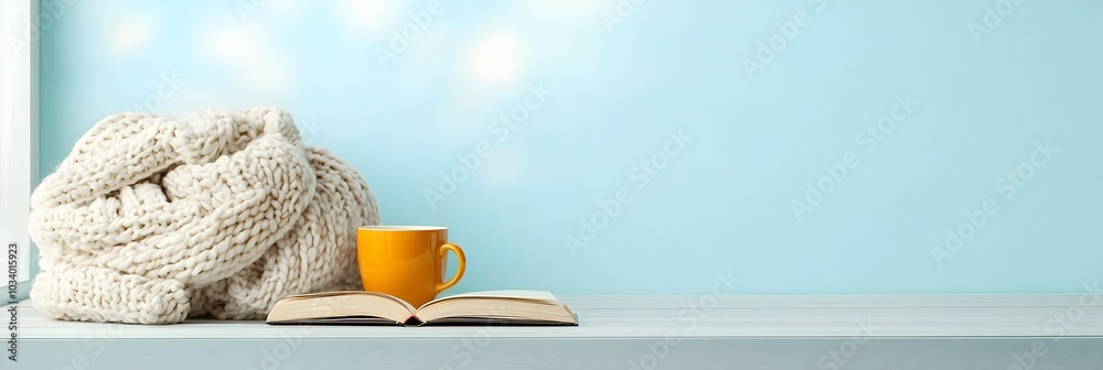 Poster Cozy and inviting reading nook with soft blankets a book and natural light streaming in through the window  A serene and tranquil space for relaxation contemplation and getting lost in a good read