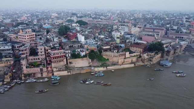  drone shot video clip of holy river ganga in the ghats of Varanasi in India
