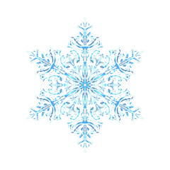 Blue glowing transparent snowflake, isolated icon. Merry Christmas and Happy New Year. Simple neon light. Shining winter, xmas lamp. Fluorescent, luminescent illumination. Png illustration.