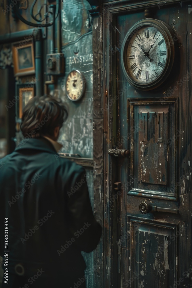 Poster A person stands in front of a door featuring a clock, suitable for use in editorial or commercial contexts