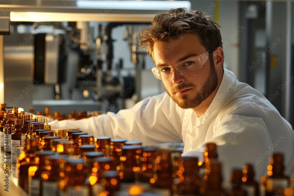 Aufkleber a worker is busy in a factory surrounded by rows of bottles, giving an idea about the industry's pro