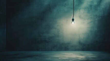 Dark empty room with single flickering light bulb casting long shadows, emphasizing absence of power and eerie atmosphere, minimalist setting with focus on light bulb's glow.
