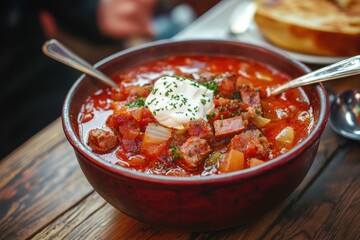 A bowl of warm soup topped with a dollop of sour cream, ready to be enjoyed
