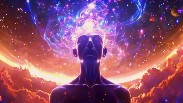 A meditator’s head, vibrant, swirling energy extending crown chakra, bridge cosmos. sequence planets stars align, stages enlightenment, 4k high-quality Victor anime-style background Animation Video