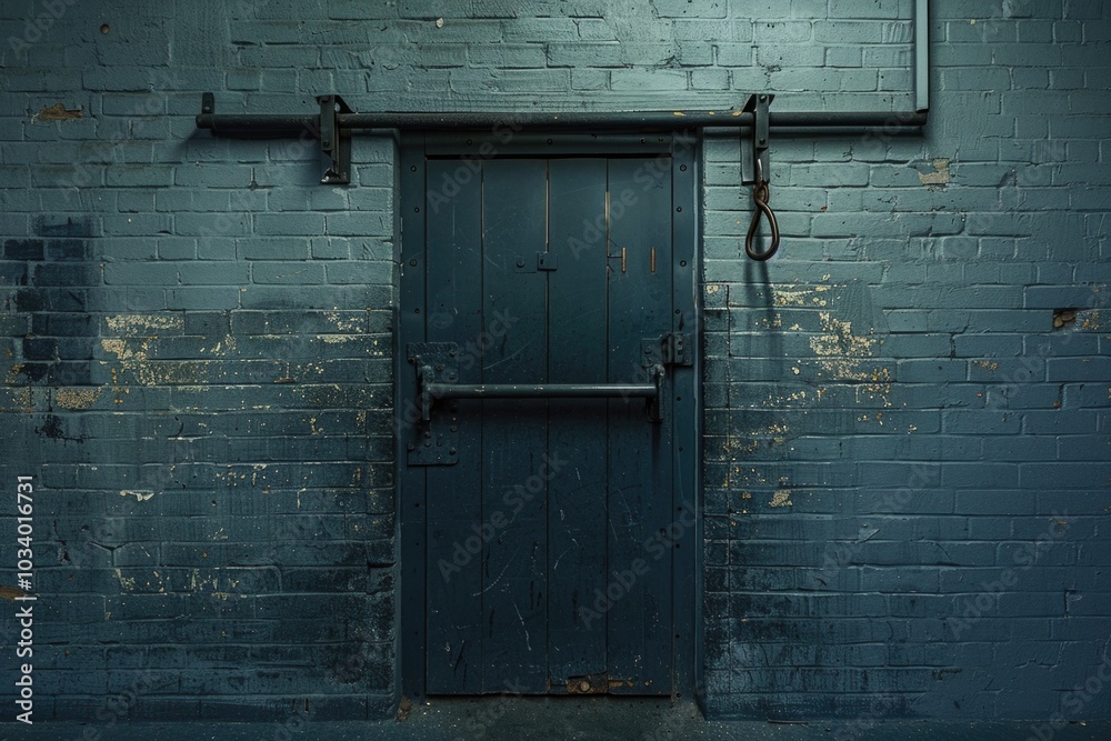Poster a blue brick wall with a locked door and chain, perfect for use in architecture or security themed p