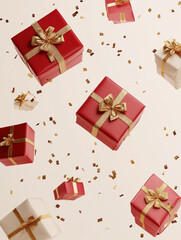 Red and white gift boxes with golden ribbon, falling freely down.