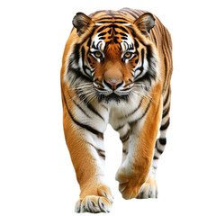 Fototapeta premium Majestic tiger on prowl, showcasing its powerful physique and striking stripes. This magnificent creature embodies strength and grace in its natural habitat