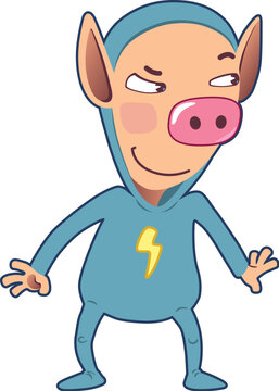 Cute Sly Little Pig standing on two legs, wearing a casual clothing is looking aside smiling.
Isolated vector illustration on white background.
