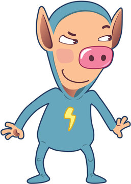 Cute Sly Little Pig standing on two legs, wearing a casual clothing is looking aside smiling.
Isolated vector illustration on white background.